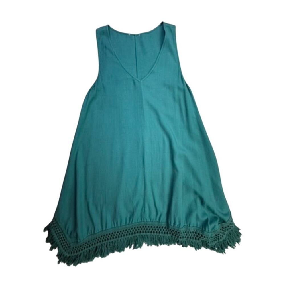 Umgee Small Teal Linen Blend Crochet Fringe Boho Tunic Mini Dress